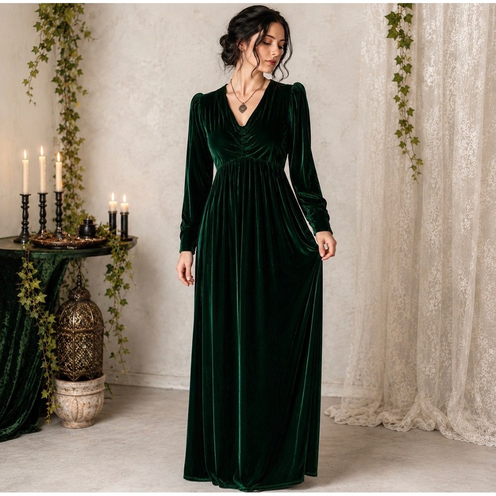 Handmade Womens Renaissance Dress Gown S Green Velvet Empire Regency Medieval